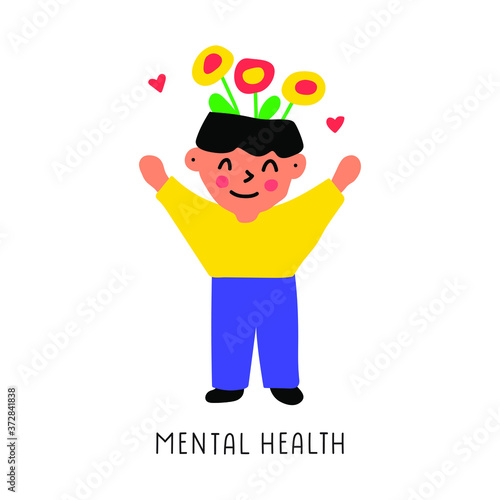Happy boy. Mental health. Hand drawn illustration on white background.