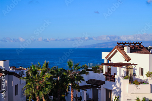 A tall palm tree and white houses with brown roofs against the ocean and blue sky. Gia de Isora, Tenerife, Spain