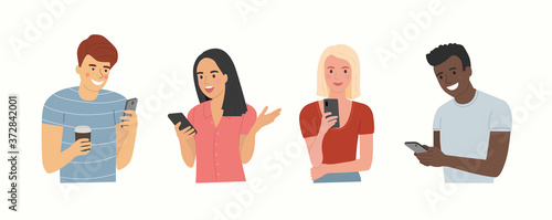 Different young people look into the smartphones. Vector flat cartoon style  illustration