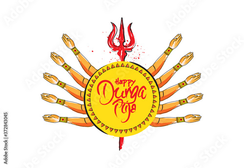 Happy Durga Puja Wish Greeting Background, Creative Durga Puja Background with Goddess Durga Hand and Trident