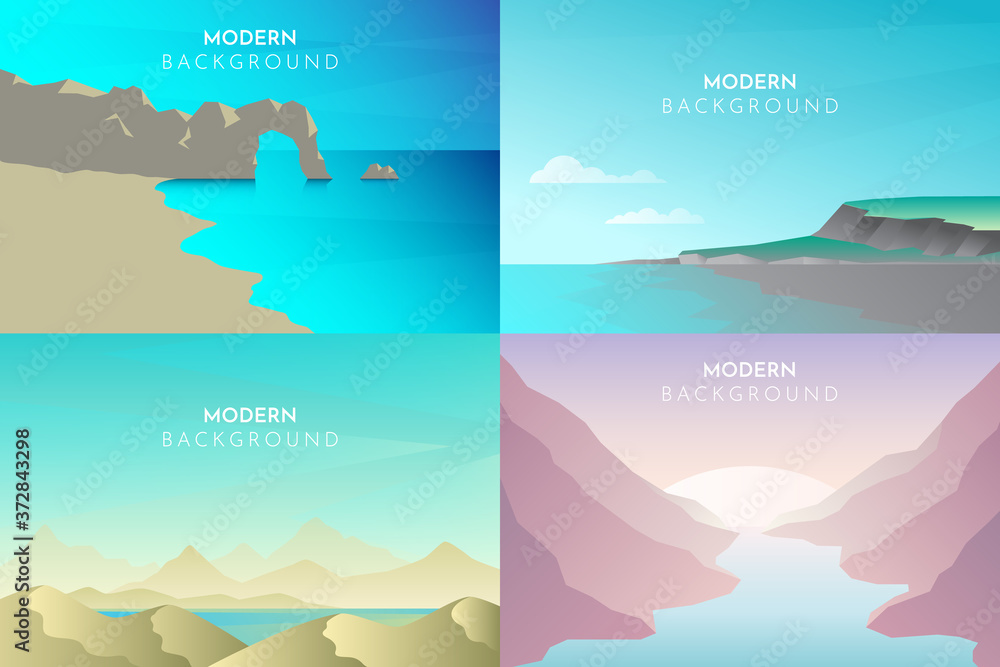 Ocean, Sea, Beach, Shore, Abstract landscape set, Vector banners set with polygonal landscape illustration, Minimalist style, Flat design