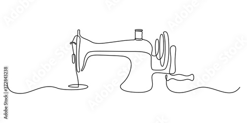 Sewing machine in continuous line art drawing style. Abstract old style sewing-machine for atelier or tailor sign design. Minimalist black linear sketch on white background. Vector illustration