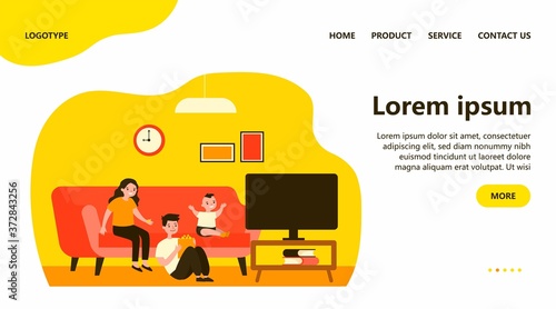 Happy children watching TV at home. Kids sitting on couch in living room flat vector illustration. Leisure time, movie, show concept for banner, website design or landing web page