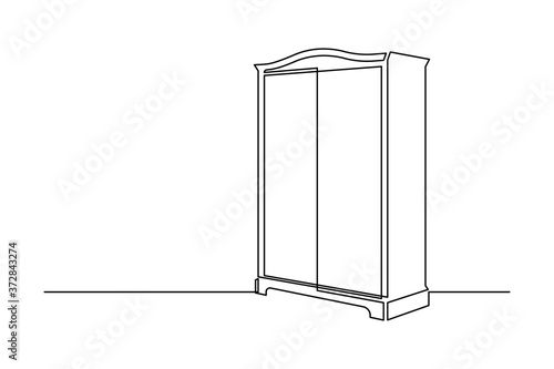 Wardrobe in continuous line art drawing style. Classical style free-standing closet for storing clothes minimalist black linear sketch isolated on white background. Vector illustration