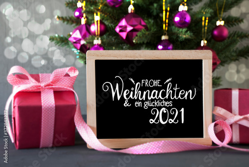 Christmas Tree, Pink Gift, Bokeh, Glueckliches 2021 Means Happy 2021, Ball © Nelos