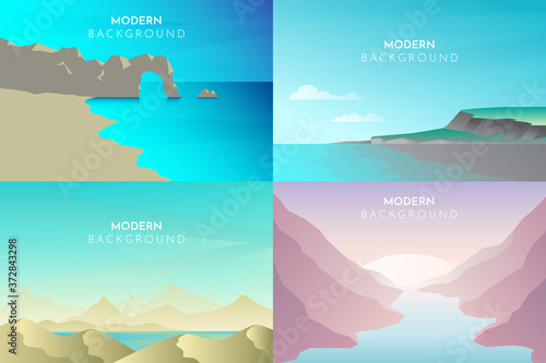 Ocean, Sea, Beach, Shore, Abstract landscape set, Vector banners set with polygonal landscape illustration, Minimalist style, Flat design