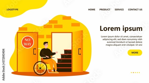 Handicapped man in wheelchair looking at staircase. Help, restriction, inability flat vector illustration. Social problem and assistance concept for banner, website design or landing web page