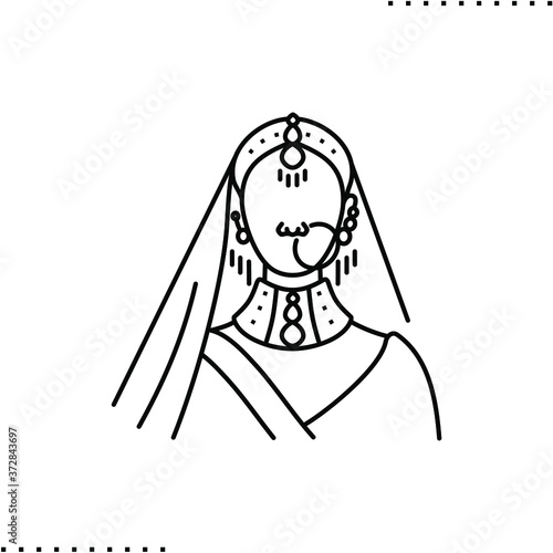 bridal wear, indian bride and her outfit, wedding jewelry vector icon in outline