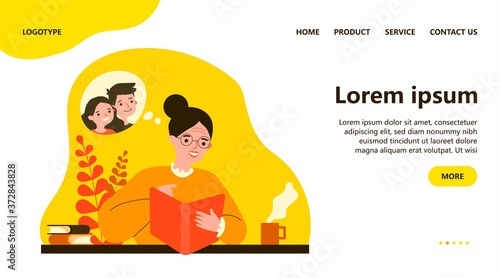 Grandma watching photo album and smiling. Happy senior woman reading book and imagining heroes flat vector illustration. Hobby and journal concept for banner, website design or landing web page