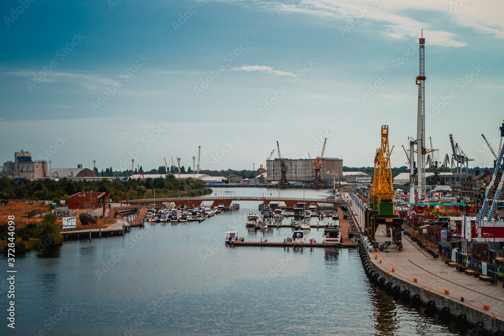 Harbor on river in the city, Szczecin