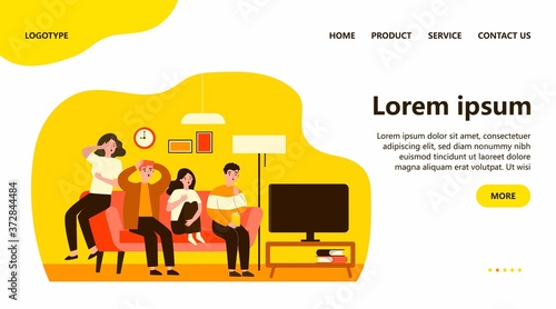 Group of friends watching scary movie flat vector illustration. Cartoon people sitting at sofa together and watching horror via TV. Friendship and leisure concept.
