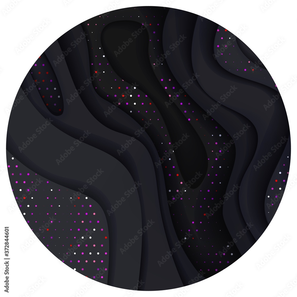 Black and golden halftone effect pattern with wavy layers. Abstract realistic paper cut shapes texture. 3d luxury relief background. Vector illustration