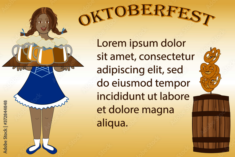 Oktoberfest greeting or invitation card with space for your text. Pretty girl with beer mugs, large beer barrel and pretzels.