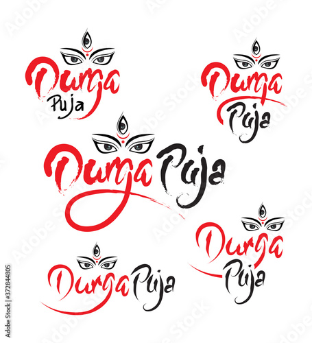 Durga Puja Text Typography Vector Illustration, Goddess Durga Eyes Illustration