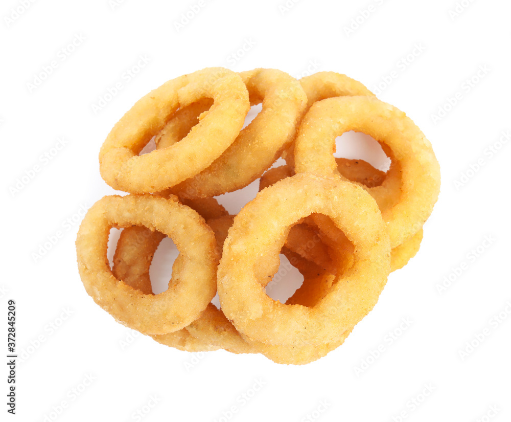 Delicious onion rings isolated on white, top view Delicious onion rings isolated on white, top view