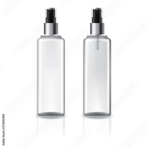 white and clear square cosmetic bottle with silver spray head for beauty or healthy product.