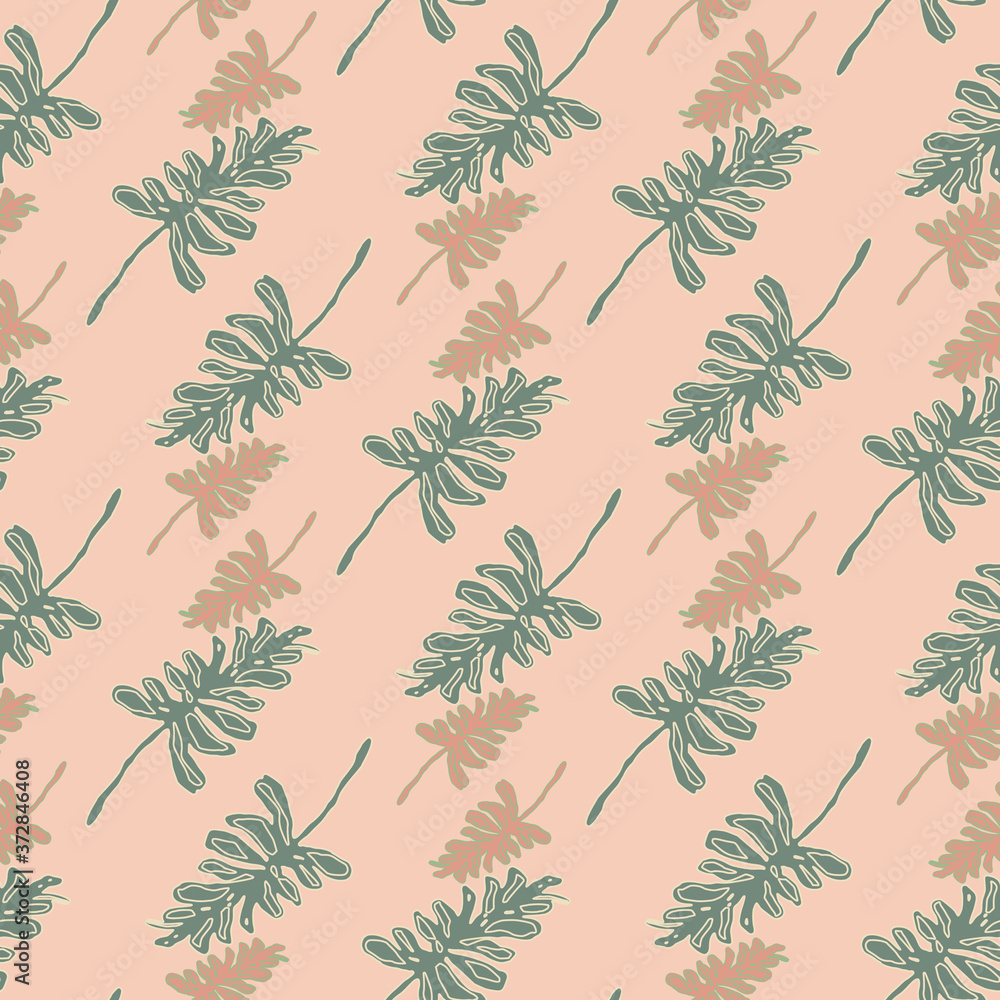 Leaf branches ornament seamless hand drawn pattern. Green and beige silhouettes on pink soft background.