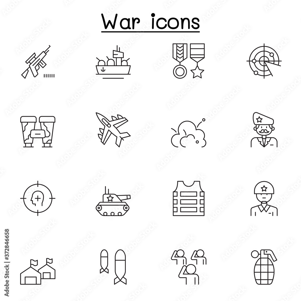 Set of War Related Vector Line Icons. Contains such Icons as soldier ...