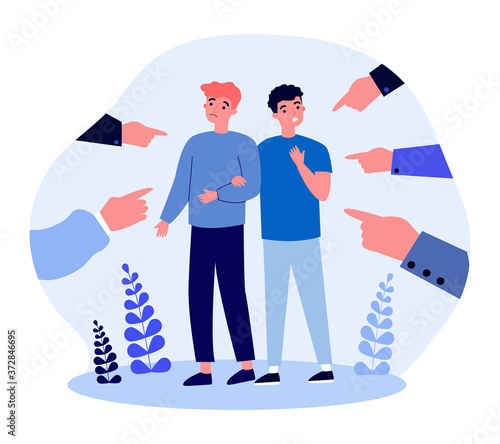 Gay intolerant society. Hands of people pointing male couple flat vector illustration. Accusation, inequality, LGBT social problems concept for banner, website design or landing web page