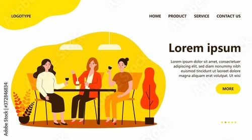 Happy female friends hanging out in cafe. Cheerful women sitting at table, talking, laughing, drinking wine. Vector illustration for communication, friendship, friendly meeting concept