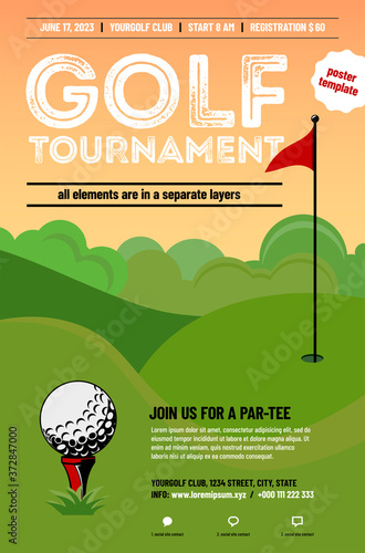 Poster template for golf tournament with ball and green
