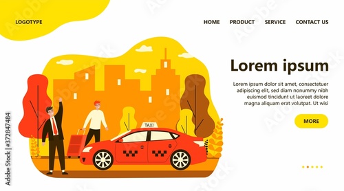 Happy businessman taking taxy. Luggage, cab, transport to airport flat vector illustration. City traffic, travel, transportation concept for banner, website design or landing web page