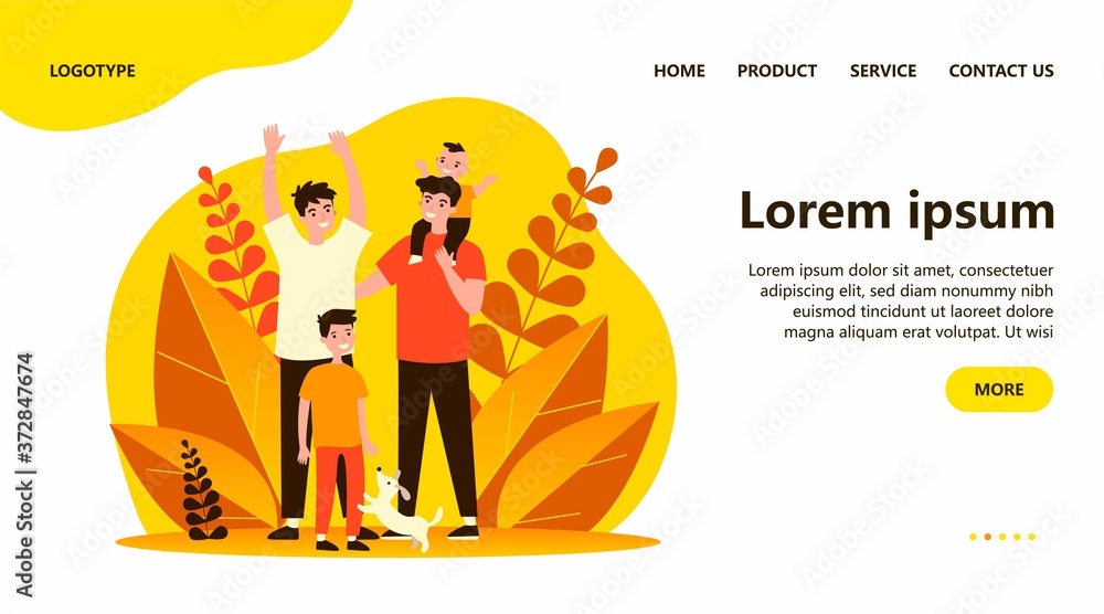 Happy homosexual couple with children and pet. Gay parents, family, happiness flat vector illustration. LGBT, equal rights, equality concept for banner, website design or landing web page