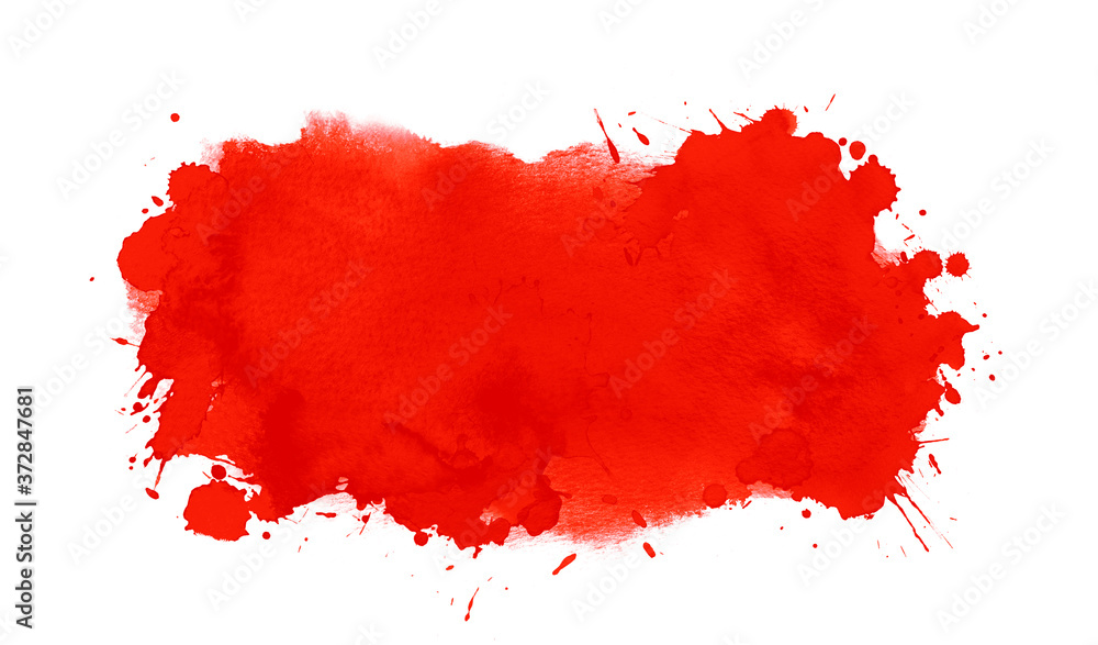 Red watercolor artistic shape with aquarelle blotch, drops, paint splashes for Valentine background