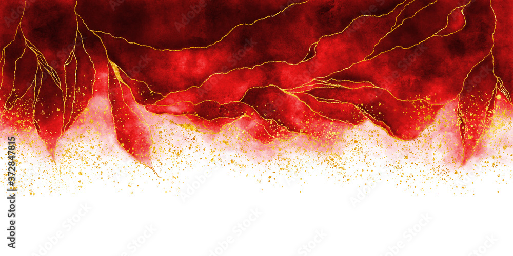 Watercolor background drawn by brush. Red paints spilled on paper