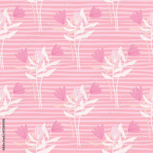 Seamless doodle pattern with pink flowers silhouettes and white twigs. Stripped background. Creative design in pink and white colors.