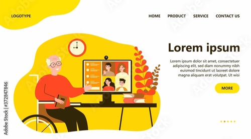 Family meeting online. Senior man having conference chat with children and grandchildren flat vector illustration. Distance, risk, lockdown concept for banner, website design or landing web page