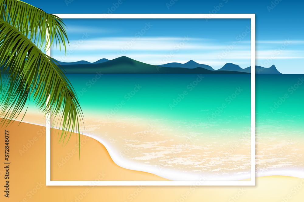 Sand beach landscape. Tropical sea coast background. Summer frame vector illustration