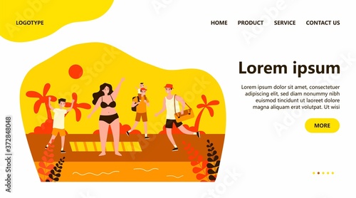 Happy people having fun on beach. Sun, leisure, sea flat vector illustration. Summer activity and vacation concept for banner, website design or landing web page