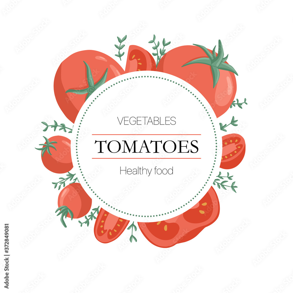 Vector cherry tomatoes and rosemary round background in cartoon style for autumn farm market design.