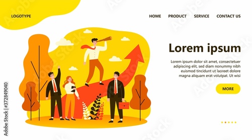 Group leader with spyglass looking far away. Business team standing near increase chart. Vector illustration for leadership, challenge, training, planning concept