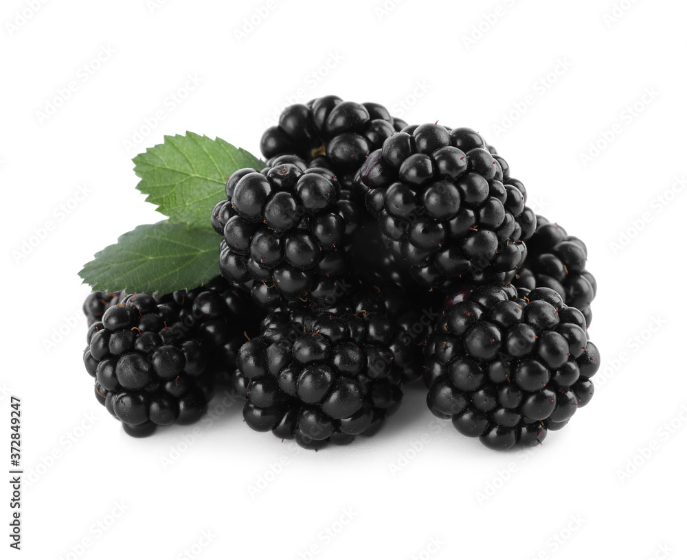Tasty ripe blackberries and leaves on white background Tasty ripe blackberries and leaves on white background