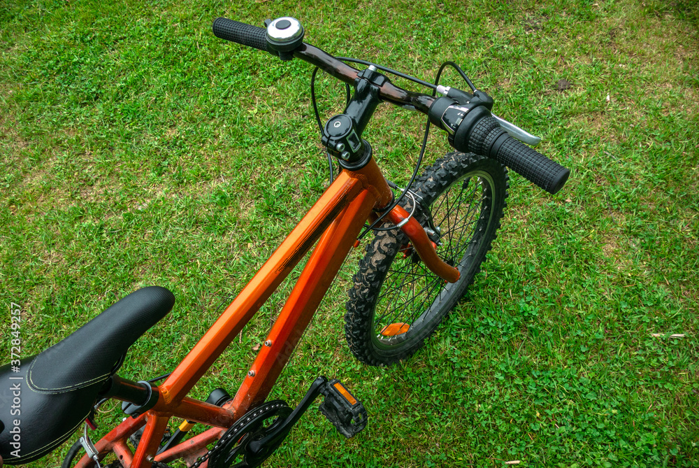 Sports children's bike on the green grass in summer Sports children's bike on the green grass in summer