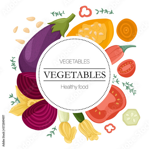 Vector vegetables, tomatoes, avocado, bell peppers, zucchini, pumpkin, eggplants, beetroot round background. © Екатерина Окунева