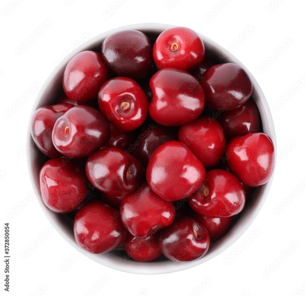 Tasty ripe red cherries in bowl isolated on white, top view Tasty ripe red cherries in bowl isolated on white, top view