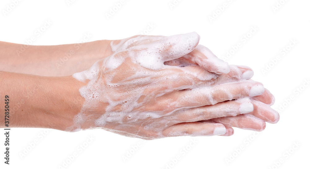 Washing hands with soap, foam on skin, isolated on white background. Washing hands with soap, foam on skin, isolated on white background.