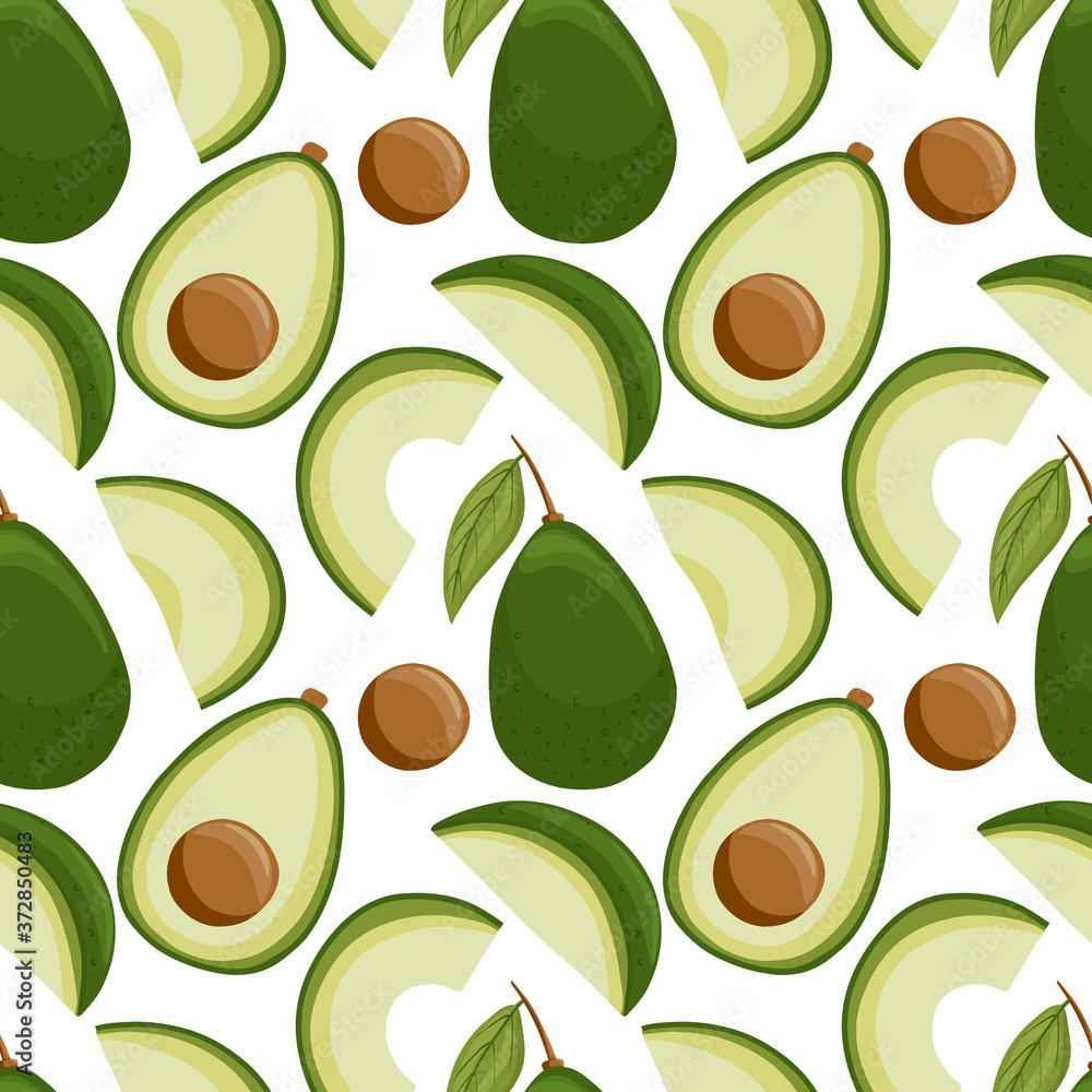 Vector avocado seamless pattern in cartoon style. Bright avocado vegetables isolated on white background. Vector avocado seamless pattern in cartoon style. Bright avocado vegetables isolated on white background.