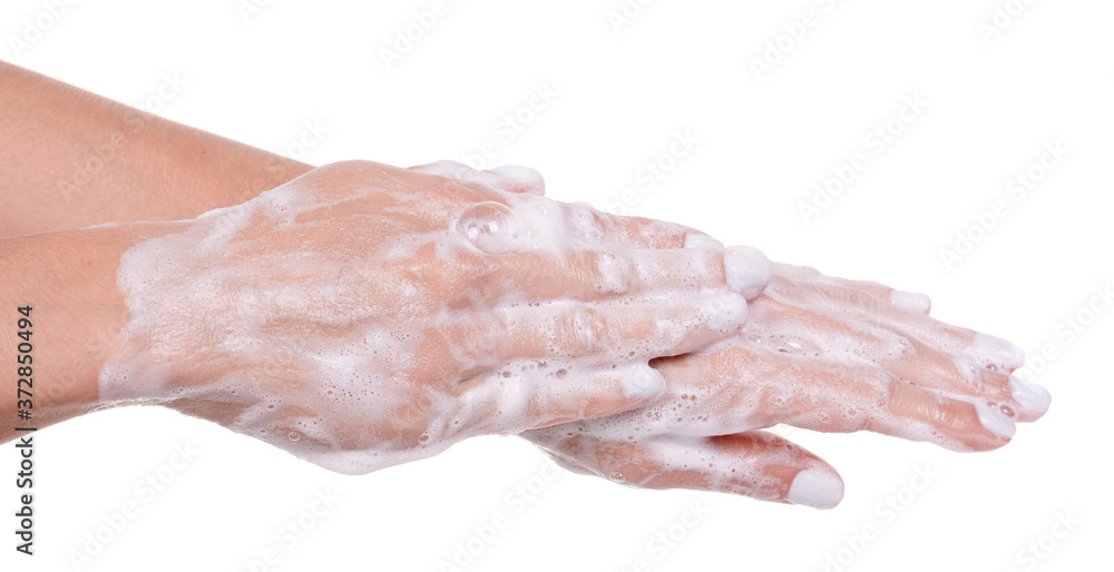 Washing hands with soap, foam on skin, isolated on white background. Washing hands with soap, foam on skin, isolated on white background.
