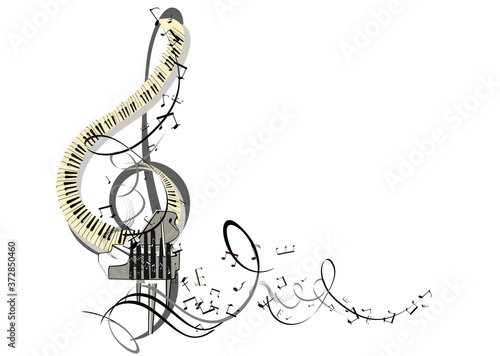 Abstract musical design with a piano and a treble  clef, musical waves. Vector illustration.Hand drawn vector illustration.