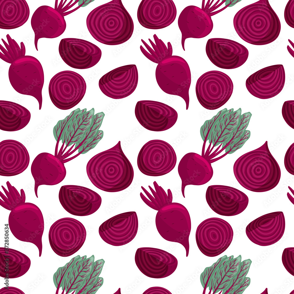 Vector beetroot seamless pattern in cartoon style. Healthy organic beets with leaves and beetroot slices.