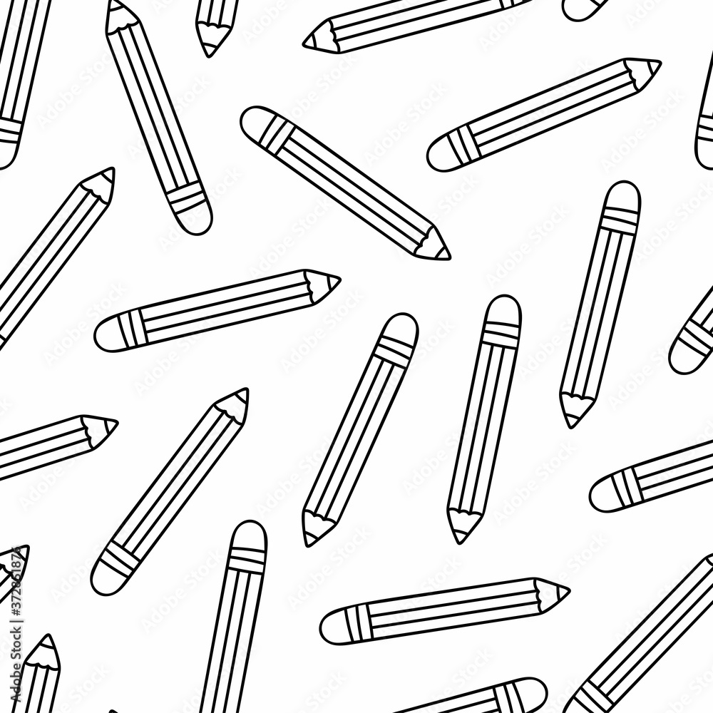 Pensil line seamless pattern. School supplies, education accessories pencils black doodle cartoon isolated on white background creative design textile wrapping paper wallpaper vector texture Pensil line seamless pattern. School supplies, education accessories pencils black doodle cartoon isolated on white background creative design textile wrapping paper wallpaper vector texture
