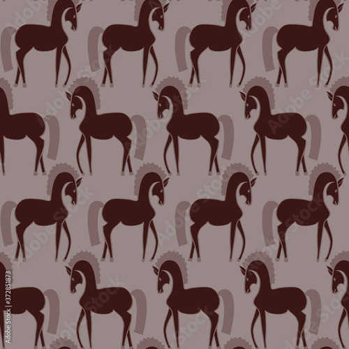 Abstract Ethnic Mystic Horses Drawing Seamless Vector Pattern Isolated Background