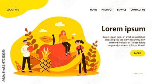 Happy people keeping healthy diet. Men and women holding fruits, apple, pineapple, banana. Vector illustration for fitness, dietitian nutrition, organic food concept