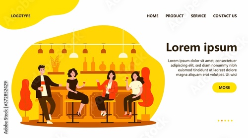Group of people drinking wine and beer in pub. Cheerful men and women sitting at bar counter with wineglasses and talking. Vector illustration for alcohol, celebration, leisure concept