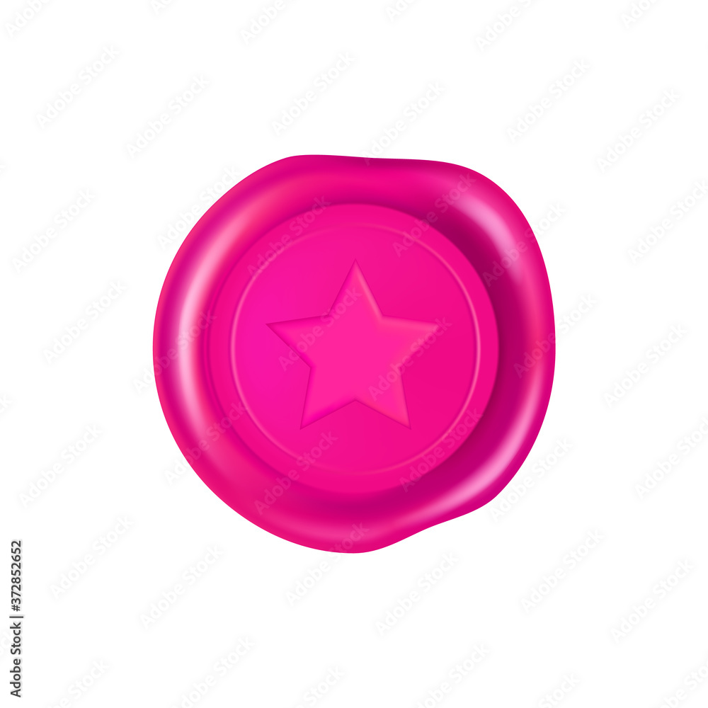 Pink wax seal with star. Wax seal stamp isolated on white background. Realistic guaranteed pink stamp. Realistic 3d vector illustration Pink wax seal with star. Wax seal stamp isolated on white background. Realistic guaranteed pink stamp. Realistic 3d vector illustration