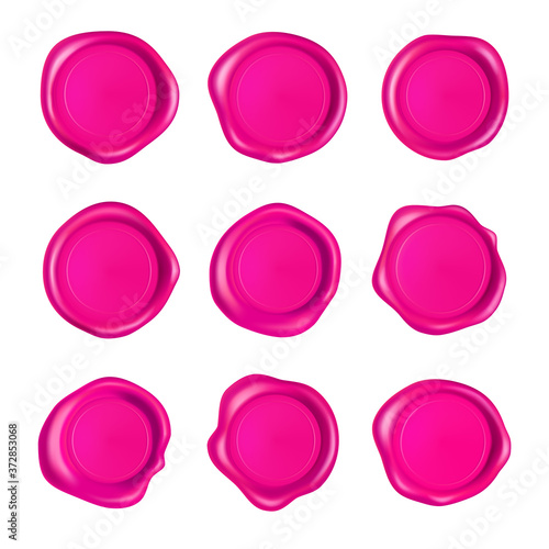 Pink wax seal set. Wax seal stamp set isolated on white background. Realistic guaranteed pink stamps. Realistic 3d vector illustration